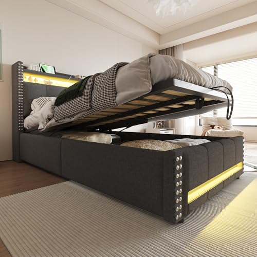 Polsterbett mit LED-Beleuchtung und USB-Steckdose Einzelbett Kopfteil mit Einlegeböden Hydraulisches Stauraumbetten Bettkasten Leinenstoff Gästebett Ohne Matratze Grau 90x200 cm Polsterbett mit LED-Beleuchtung und USB-Steckdose Einzelbett Kopfteil mit Einlegeböden Hydraulisches Stauraumbetten Bettkasten Leinenstoff Gästebett Ohne Matratze Grau 90x200 cm von Generic