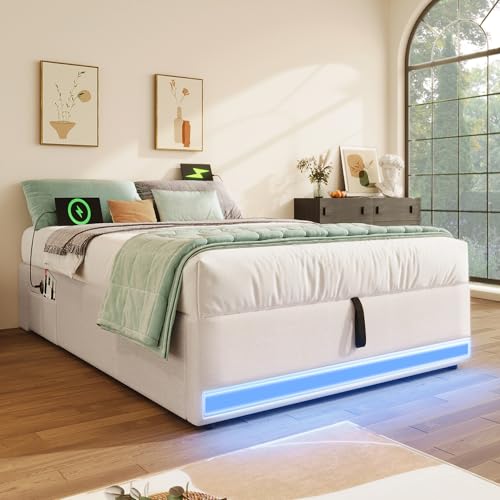 Polsterbett mit LED Beleuchtung und USB Typ C Ladeanschluss ohne Kopfteil mit hydraulischem Bettkasten und Seitentaschen für Schlafzimmer oder von Generic