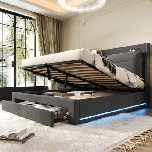 Polsterbett mit LED-Beleuchtung und hydraulischem Bettkasten, inklusive Lattenrost, Kopfteil mit Ablage, robuste Bauweise, Funktionsbett mit Fußende-Schublade von Generic