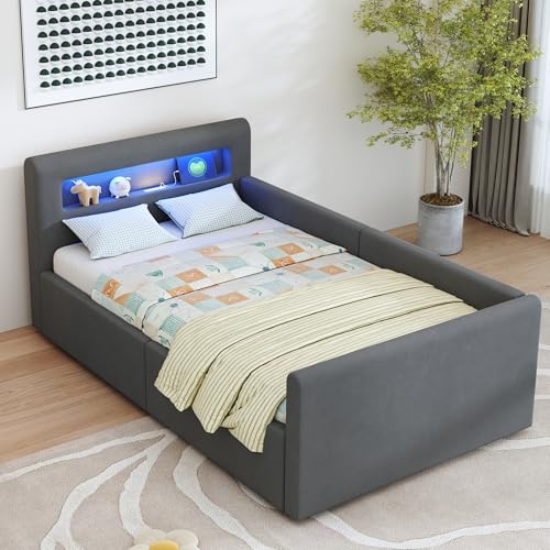 Polsterbett mit LED-Lichtleiste und USB-Anschluss, Kopfteil mit Regal und Nachtlicht, hydraulischer Stauraum unter dem Bett, verstellbare Rückenlehne, gemütliches Einzelbett Polsterbett mit LED-Lichtleiste und USB-Anschluss, Kopfteil mit Regal und Nachtlicht, hydraulischer Stauraum unter dem Bett, verstellbare Rückenlehne, gemütliches Einzelbett von Generic