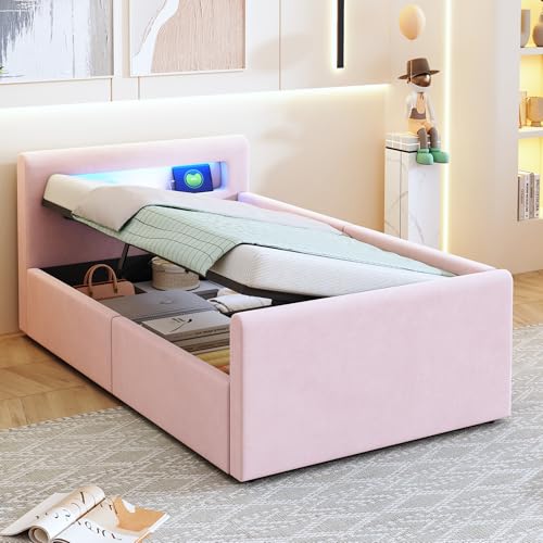 Polsterbett mit LED-Lichtleiste und USB-Anschluss, Kopfteil mit Regal und Nachtlicht, hydraulischer Stauraum unter dem Bett, verstellbare Rückenlehne, gemütliches Einzelbett Polsterbett mit LED-Lichtleiste und USB-Anschluss, Kopfteil mit Regal und Nachtlicht, hydraulischer Stauraum unter dem Bett, verstellbare Rückenlehne, gemütliches Einzelbett von Generic