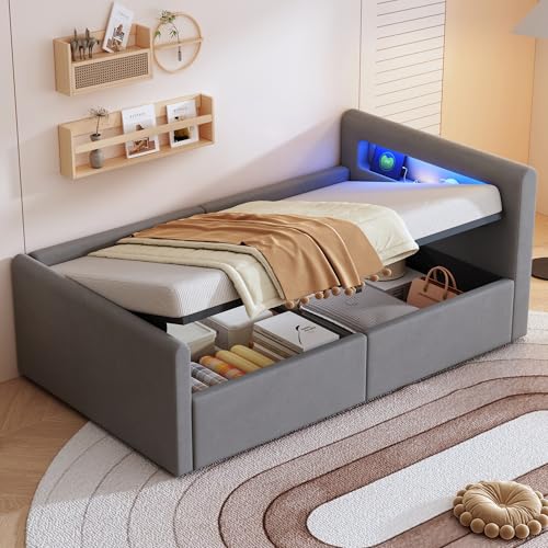 Polsterbett mit LED-Lichtleiste und USB-Anschluss, Kopfteil mit Regal und Nachtlicht, hydraulischer Stauraum unter dem Bett, verstellbare Rückenlehne, gemütliches Einzelbett Polsterbett mit LED-Lichtleiste und USB-Anschluss, Kopfteil mit Regal und Nachtlicht, hydraulischer Stauraum unter dem Bett, verstellbare Rückenlehne, gemütliches Einzelbett von Generic