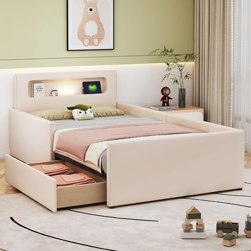Polsterbett mit LED-Nachtlicht und USB-Anschluss, Einzelbett mit Ablagefächern und erhöhter Seitenstruktur, stabiles Bettgestell mit Kunstlederbezug für gemütliche Schlafzimmer Polsterbett mit LED-Nachtlicht und USB-Anschluss, Einzelbett mit Ablagefächern und erhöhter Seitenstruktur, stabiles Bettgestell mit Kunstlederbezug für gemütliche Schlafzimmer von Generic
