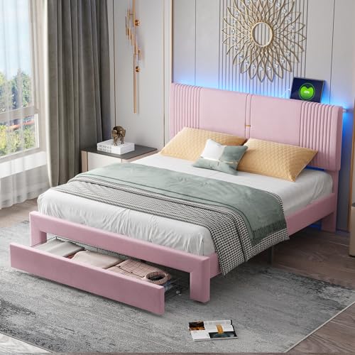 Polsterbett mit Lichtleiste und USB-Buchse Doppelbett mit Rückenlehne und großer Schublade Stauraum Jugendbett mit Lattenrost für Erwachsene Gästebett Rosa 160x200 cm Polsterbett mit Lichtleiste und USB-Buchse Doppelbett mit Rückenlehne und großer Schublade Stauraum Jugendbett mit Lattenrost für Erwachsene Gästebett Rosa 160x200 cm von Generic