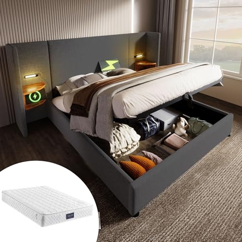 Polsterbett mit Nachttischen, Leselampe, stabiles Doppelbett mit Kopfteil, Stauraum und Bücherregal, modernes minimalistisches Design fürs Schlafzimmer Polsterbett mit Nachttischen, Leselampe, stabiles Doppelbett mit Kopfteil, Stauraum und Bücherregal, modernes minimalistisches Design fürs Schlafzimmer von Generic