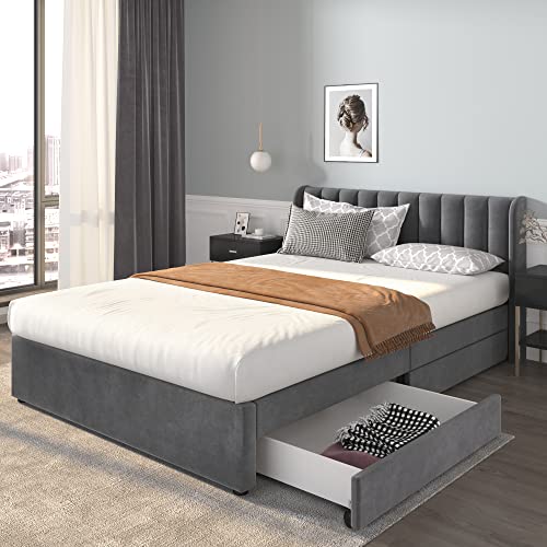 Polsterbett mit Rückenlehne 2 Schubladen Stauraum Doppelbett für Erwachsene Jugendliche Samt Familienbett mit Lattenrost Gästebett ohne Matratze Grau 140x200 cm von Generic
