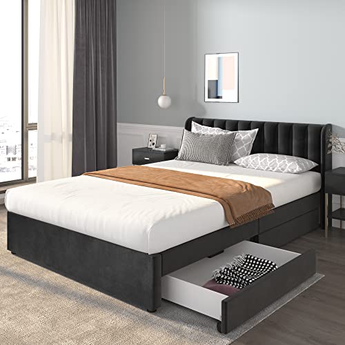 Polsterbett mit Rückenlehne 2 Schubladen Stauraum Doppelbett für Erwachsene Jugendliche Samt Familienbett mit Lattenrost Gästebett ohne Matratze Schwarz 160x200 cm von Generic