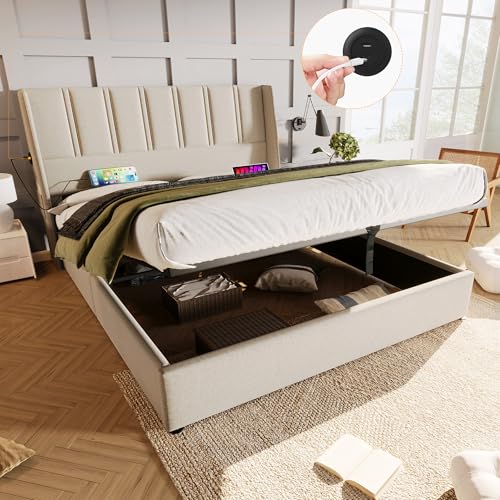 Polsterbett mit Stauraum hydraulisch verstellbar USB Typ C Ladeanschlüssen Seitentasche Lattenrost aus Holz gepolstertes Kopfteil Doppelbett mit Matratze und Metallrahmen von Generic