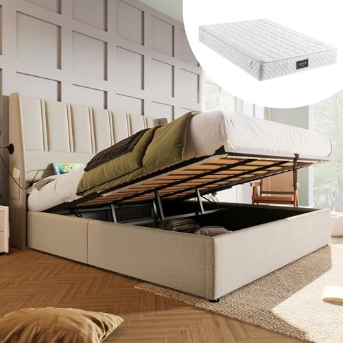 Polsterbett mit Stauraum hydraulisch verstellbar USB Typ C Ladeanschlüssen Seitentasche Lattenrost aus Holz gepolstertes Kopfteil Doppelbett mit Matratze und Metallrahmen von Generic
