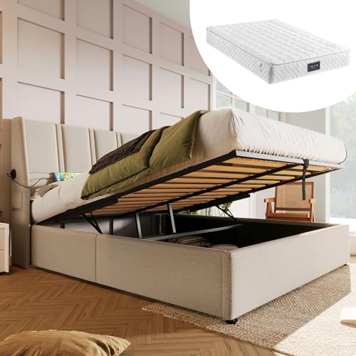 Polsterbett mit Stauraum hydraulisch verstellbar USB Typ C Ladeanschlüssen Seitentasche Lattenrost aus Holz gepolstertes Kopfteil Doppelbett mit Matratze und Metallrahmen von Generic