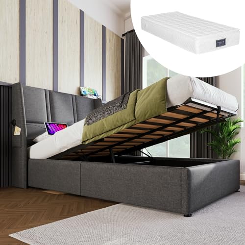 Polsterbett mit Stauraum hydraulisch verstellbar USB Typ C Ladeanschlüssen Seitentasche Lattenrost aus Holz gepolstertes Kopfteil Doppelbett mit Matratze und Metallrahmen von Generic