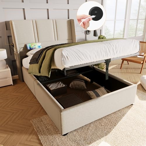 Polsterbett mit Stauraum hydraulisch verstellbar USB Typ C Ladeanschlüssen Seitentasche Lattenrost aus Holz gepolstertes Kopfteil Doppelbett mit Matratze und Metallrahmen von Generic