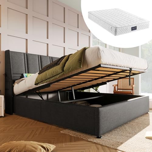 Polsterbett mit Stauraum hydraulisch verstellbar USB Typ C Ladeanschlüssen Seitentasche Lattenrost aus Holz gepolstertes Kopfteil Doppelbett mit Matratze und Metallrahmen von Generic