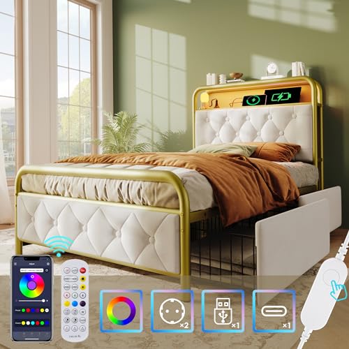 Polsterbett mit USB Type C Ladefunktion LED Beleuchtung APP Steuerung Bettgestell aus Metall mit Regal Kopfteil Stauraum Schubladen Einzelbett von Generic