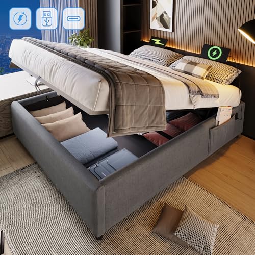 Polsterbett mit hydraulischem Bettkasten und USB-Anschluss, Doppelbett ohne Kopfteil, stabiles Lattenrost aus Vollholz, atmungsaktiver Baumwollstoff, modernes Stauraumbett für Schlafzimmer von Generic