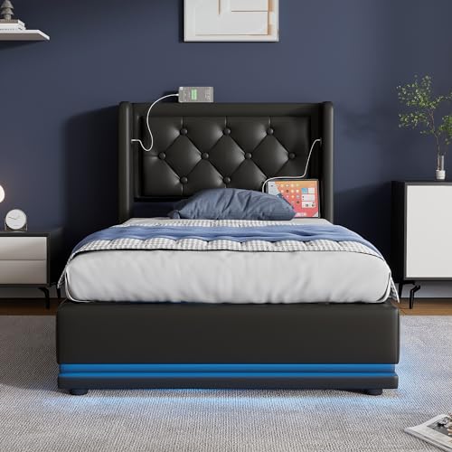 Polsterbett mit hydraulischem Stauraum und gepolstertem Kopfteil, LED-Beleuchtung und USB-Ladefunktion, mit Matratze, modernes Design für Schlafzimmer und Gästezimmer von Generic