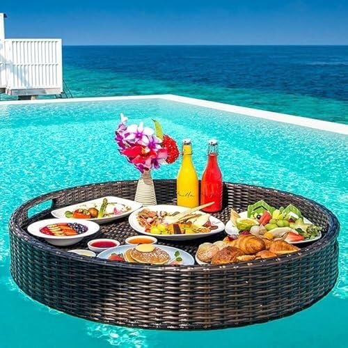Pool-Tabletttisch, schwimmendes Tablett for den Pool, wasserfestes Frühstückstablett, ideal for Wasseraktivitäten im Freien und Entspannung im Whirlpool, Getränkehalter(Brown2,80 * 80cm) von Generic
