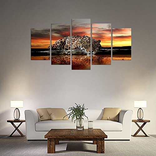 Poster,5 Teilig Leinwanddrucke Leinwand Stück Kunstdruck Modern Wand Aufhängen Home Dekoration Moderne Gemälde Hd Panel Tier Leopard Sonnenuntergang M/100 X 50 Cm Wohnzimmer Schlafzimmer Büro Hotel W von Generic