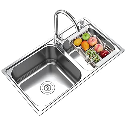 Premium 304 Edelstahl Doppelschüssel Arbeitsplatte mit 2 Löchern handgemachte Arbeitsplatz Spüle mit Sieb langlebig Silber Finish 75x40cm von Generic