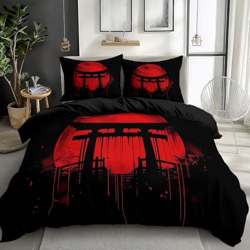 Premium Bettwäsche Set 135 x 200 cm Japanisches Torii-Tor-Muster Atmungsaktiv und Angenehm Bettbezug, Mit Verdecktem Reißverschluss, Inklusive Kissenbezug 80x80 cm, Für Alle Jahreszeiten, Schwarz von Generic