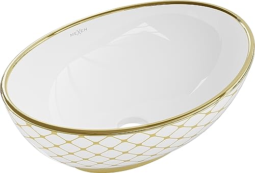 Premium Waschbecken Oval Elza Aufsatzwaschbecken für das Badezimmer und Gäste-WC | Waschbecken mit Lotus-Effekt Moderne Waschschale | 40,5x33x14 (Weiß/Gold-Karomuster) von Generic