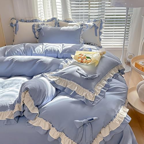 Princess Lace Rüschen 4-teiliges Schleifenbettwäsche-Set Schicker Gerüschter Bettbezug Mit Schöner Schleife Bettbezug Im Prinzessinnenstil Mit 2 Kissenbezügen 1 Bettlake, Blue 2, Full von Generic