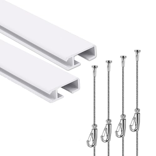 Programm for Aufhängen von Bildern, Klickschienen-Kits, verstellbares Edelstahldrahtseil for Aufhängen von Bildern zu Hause, Schiene x2, Drahtseil Plus Haken x4 mit Installationszubehör(Milk) von Generic