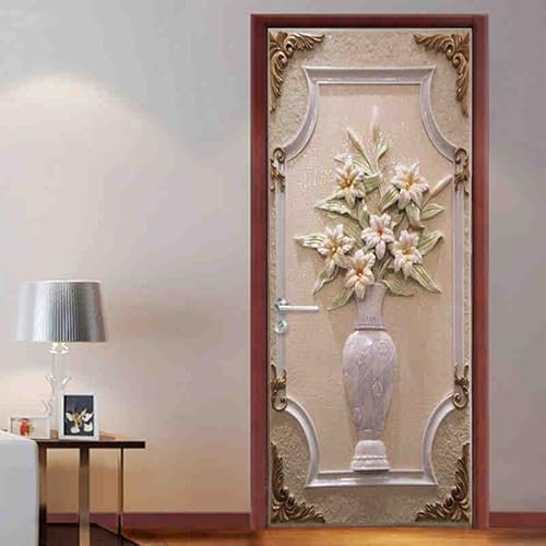 Pvc Selbstklebender Wasserdichter Türwandaufkleber 3D Stereo Vase Blumen Tapete 3D Tür Wandbild Wohnzimmer Arbeitszimmer Wohnkultur Paste,90X200Cm von Generic