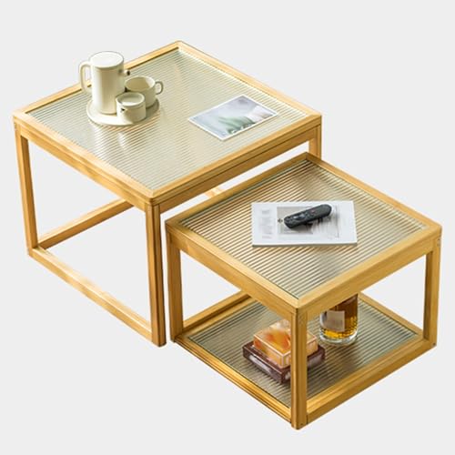 Quadratisches Couchtisch-2er-Set, Beistelltisch Mit Glasablage, Bambus Natur, Robust und Langlebig, Geeignet for Wohnzimmer, Ruhebereich und Teestube(Yellow) von Generic