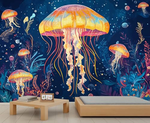 Quallen Tapete Tiefblauer Ozean Wandbilder für Wände Korallenriff Tapete Unterwasserwelt Wandtapete für Schlafzimmer Wohnzimmer Poster 490 X 350 cm von Generic