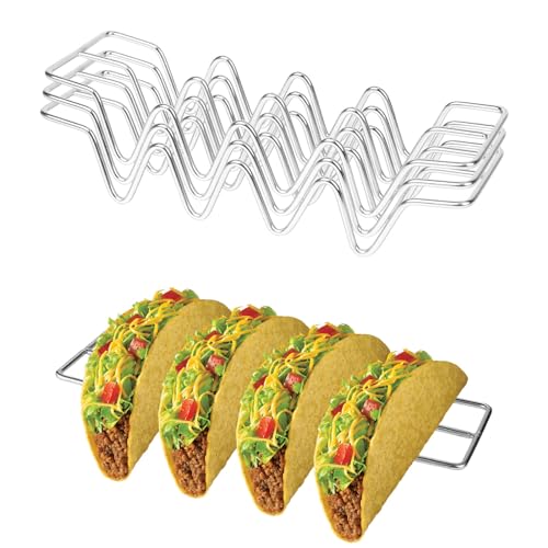 Quixotical 3 Stück Taco Halter Ständer, Edelstahl Taco Ständer mit Griffen, Wellenform Taco Halter, Taco Tray Platten Hält zu 4 Tacos, für Tacos, Sandwiches, Wurstbehältern von Quixotical