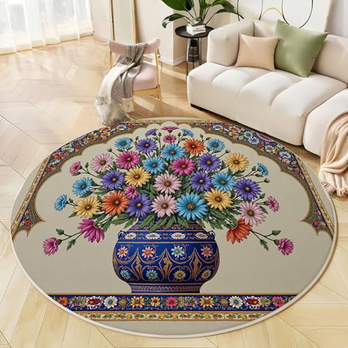 Raffiniert Elegant Teppich Rund 160 cm Vase, Blumen rutschfest Teppiche Wohnzimmer Runder Waschbar Teppiche Kurzflor Weich Runder Teppich Gemischte Farben for Wohnzimmer Studie Heimbüro von Generic