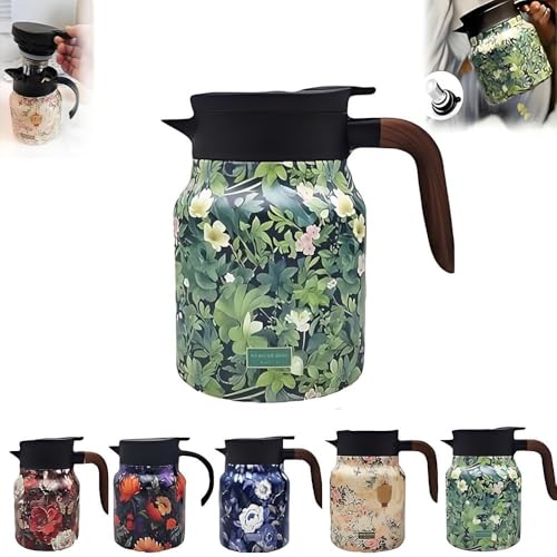 Raidley Vintage-Thermoskanne mit Blumenmuster, Doresty Thermoskanne, abnehmbare Isolierkanne, Edelstahl-Teekanne mit Sieb (Green,1000ml) von Generic
