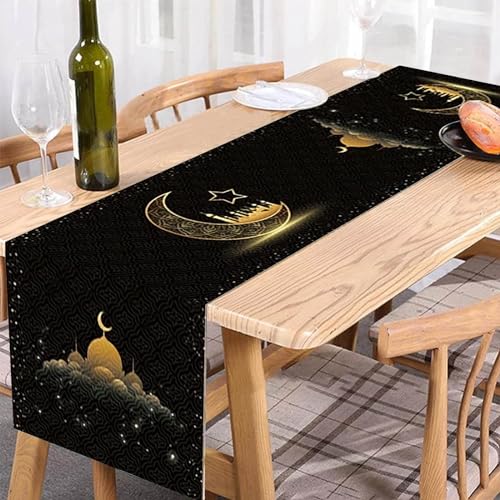 Ramadan Deko | Ramadan Tischläufer aus Flachs | Ramadan Tischdeko | Eid Mubarak Läufer Tisch Deko | Ramadan Dekoration Kinder | Schmal | Table Runner | Abwaschbar | Modern | 183 x 33 cm (Schwarz) von Generic