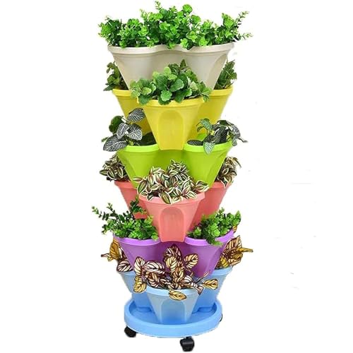Random,5pcs, Stapelbare Pflanztöpfe Etagen-Pflanzturm Vertikaler Blumentopf Mit Rädern Und Tablett Kunststoff Blumentopf Für Den Gemüseanbau Im Erdbeergarten Drinnen Und Draußen von Generic