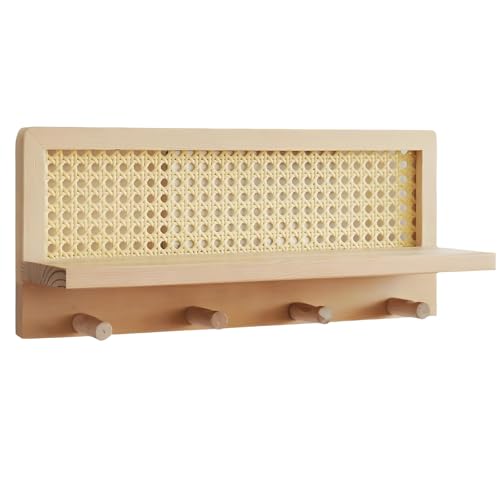 Rattan Wandregal 2er Set, Selbstklebendes Holzregal mit 4 Haken für Schlüssel, Mäntel, Taschen, u Rattan Wandregal 2er Set, Selbstklebendes Holzregal mit 4 Haken für Schlüssel, Mäntel, Taschen, u von Generic