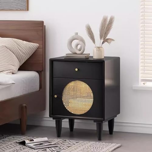 Rattankommode 2er Set, Dekorative Kommode aus Holz mit Rattanschublade, Kleiner Couchtisch für Schlafzimmer (Schwarz) von Generic