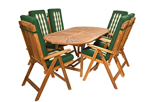 Rattanland | Gartenmöbel Set Bristol mit 6 Stühlen Bristol - Exotenholz, Akazie mit FSC-Zertifikat (Grün-weißes Premium-Kissen), 195 x 90 x 72 cm Tisch, (GSB66) von Generic
