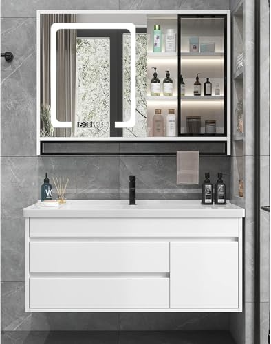 Raum Vities Schrank Waschbecken Combo, Modernes Schwimmendes Holzschrank-Set Mit Keramikwaschbecken, Wandmontierter Raumspiegelschrank, Wäschespüle Vorbereitung Hd-waschbeck, Wall, 60cm/24in von Generic