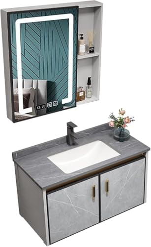 Raum Vity Waschbecken Combo, Modernes Wandschrank-Set Mit Heißem Kaltwasserhahn Und Spiegelschrank Mit Led-leuchten, Entnebelung Raum Vity Mit Waschbecken, Gary a 2, 70cm/27.5" von Generic
