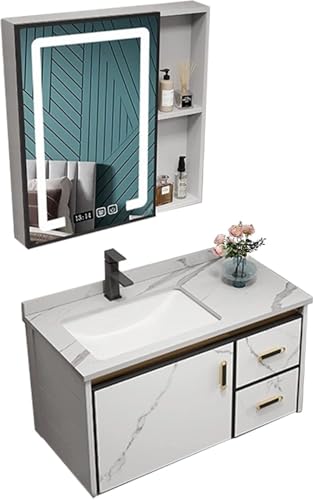 Raum Vity Waschbecken Combo, Modernes Wandschrank-Set Mit Heißem Kaltwasserhahn Und Spiegelschrank Mit Led-leuchten, Entnebelung Raum Vity Mit Waschbecken, White a 1, 70cm/27.5" von Generic