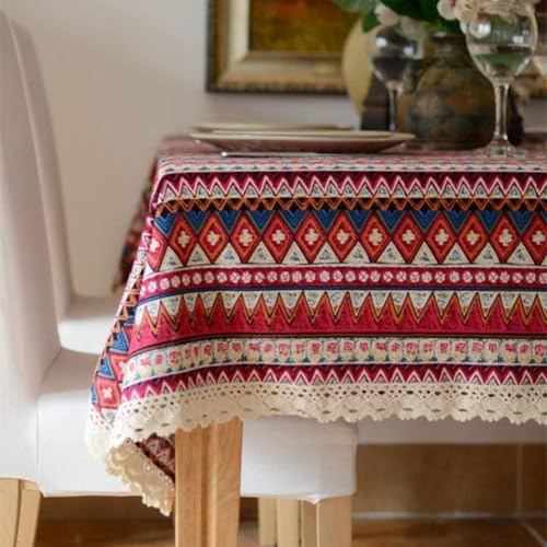Rechteck Druck Tischdecke, Baumwolle Leinen Tischdecke, Böhmen Ethnischer Stil Makramee Spitzenmuster Handgemachter Stoff Kaffee Esszimmer Tischplatte Dekoration, A, 140x180cm(55x71inch) von Generic