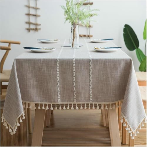 Rechteckige Tischdecke, Küchentischdecken 100x160cm Polyester rutschfeste Stickerei Mit Quasten Tischdecken Für Den Innen- Und Außenbereich, Light Coffee, 140x90 cm von Generic
