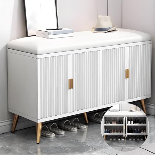 Rectangular Upholstered Storage Ottoman with Doors and Pu Seat Cushion Bedroom End of Bed Ottoman with Gold Metal Legs Storage Bench for Entryway Bedroom Living Room White Color von Generic