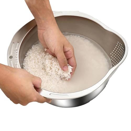 Reis Waschschüssel Aus Edelstahl - Reissieb Geneigtes Bodendesign, Hochleistungssieb Reiswaschmaschine, Geneigter Boden Reisabtropfsieb Küchensieb Mit Seitlichen Abtropfgestellen von Generic
