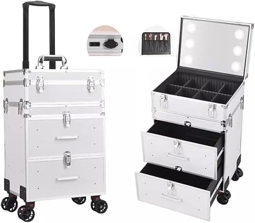 Reisender Trolley Kasten Mit LED-Licht, Rollend Schminke Zug-Koffer, Beauty Storage Case, Mit Schubladen Einziehbarer Griff,. 360°Universal Räder+(Color:Silber-a) von Generic