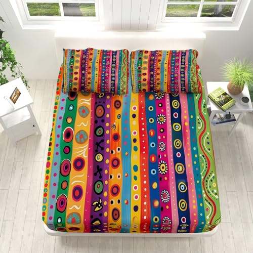Retro-Geometrisch-Ethnisch Gestreift Bunt Spannbettlaken 90x200 cm Matratzenschoner, Spannbetttuch Weiches Atmungsaktiv Mikrofaser Waschbar für bis 25-30 cm Matraze SpannbetttüCher mit 2 Kissenbezug von Generic
