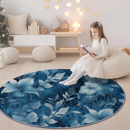 Retro Gesprenkelt Pflanzen Blumen Waschbarer Teppich Rund 80 cm Blau Runder Rutschfester Kurzflor Teppiche, Wohnzimmer Schlafzimmer Esszimmer Büro von Generic