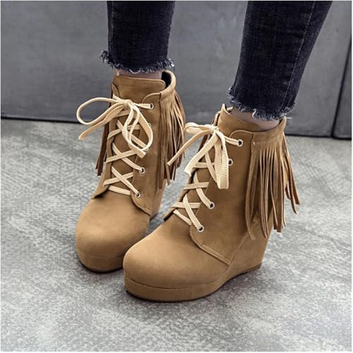 Retro Kurze Stiefel Mit Keilabsatz Freizeitstiefeletten Mit Fransen Winterstiefel Für Damen Klassische Schnürstiefel Elegante Stiefeletten Aus Wildleder Plateauschuhe, Brown, 6 UK von Generic