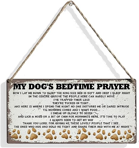 Retro My Dog's Bedtime Prayer Holzschild Hundeliebhaber Holzschilder Rustikales Hängeschild Home Wandkunst Schild Wanddekoration für Zuhause von Generic